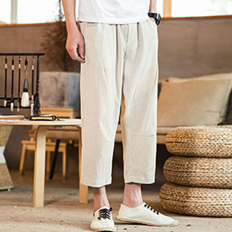 Pantalon décontracté en coton et lin avec cordon de serrage et poches pour homme, couleur unie, motif Buddha Stones - image 43