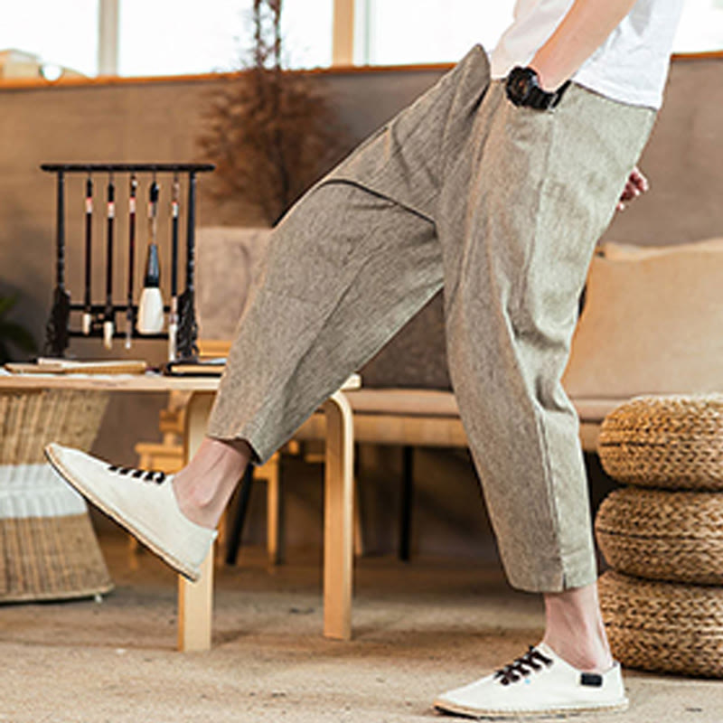 Pantalon décontracté en coton et lin avec cordon de serrage et poches pour homme, couleur unie, motif Buddha Stones - image 6