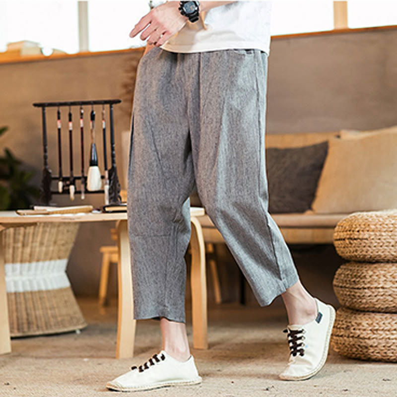 Pantalon décontracté en coton et lin avec cordon de serrage et poches pour homme, couleur unie, motif Buddha Stones - image 20