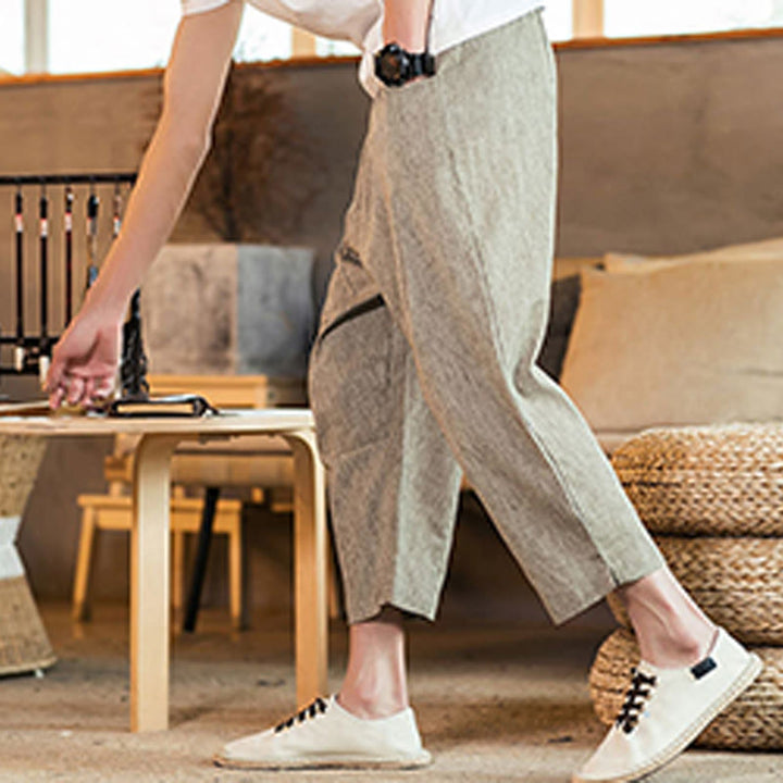 Pantalon décontracté en coton et lin avec cordon de serrage et poches pour homme, couleur unie, motif Buddha Stones - image 5