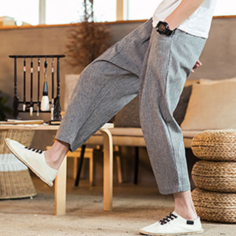 Pantalon décontracté en coton et lin avec cordon de serrage et poches pour homme, couleur unie, motif Buddha Stones - image 24