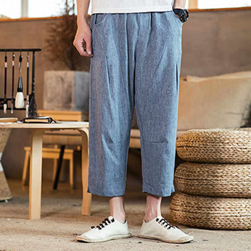Pantalon décontracté en coton et lin avec cordon de serrage et poches pour homme, couleur unie, motif Buddha Stones - image 34