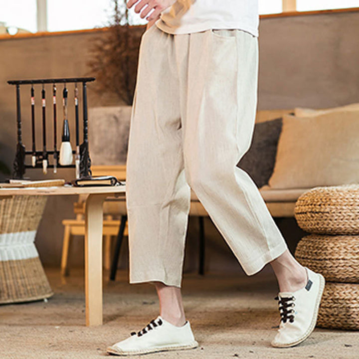 Pantalon décontracté en coton et lin avec cordon de serrage et poches pour homme, couleur unie, motif Buddha Stones - image 44