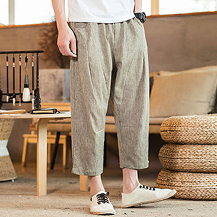 Pantalon décontracté en coton et lin avec cordon de serrage et poches pour homme, couleur unie, motif Buddha Stones - image 3