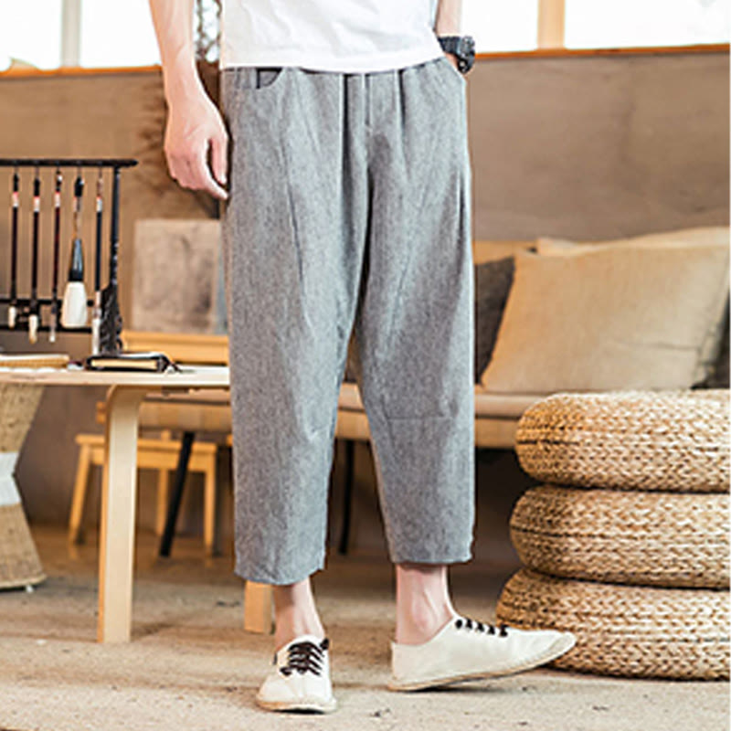 Pantalon décontracté en coton et lin avec cordon de serrage et poches pour homme, couleur unie, motif Buddha Stones - image 22