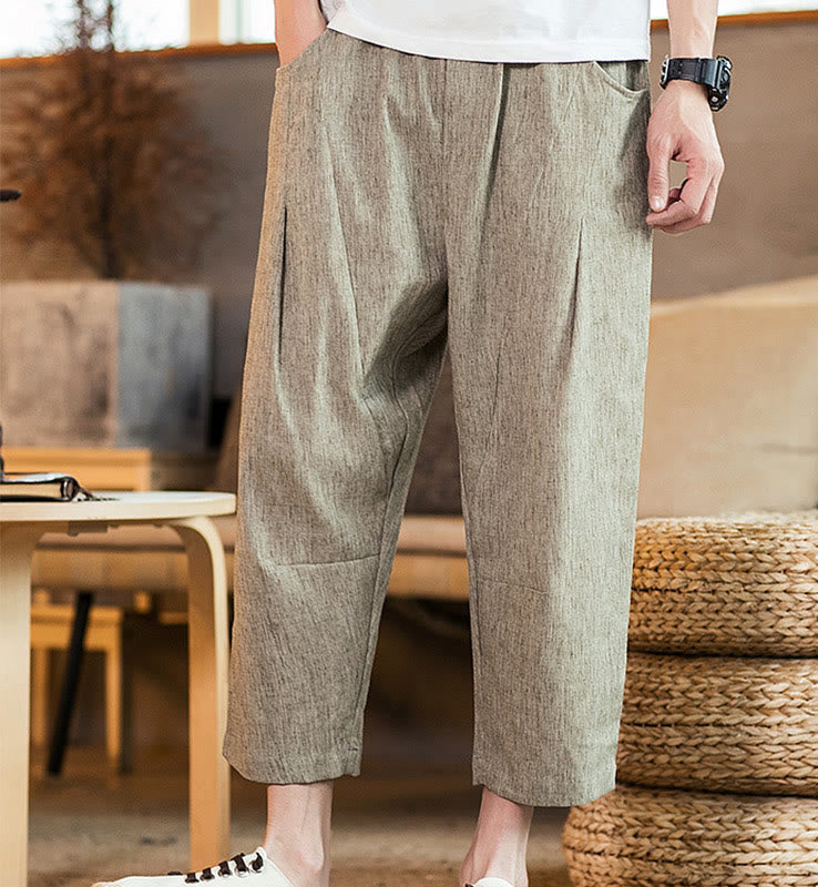 Pantalon décontracté en coton et lin avec cordon de serrage et poches pour homme, couleur unie, motif Buddha Stones - image 7