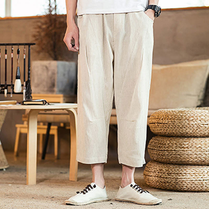 Pantalon décontracté en coton et lin avec cordon de serrage et poches pour homme, couleur unie, motif Buddha Stones - image 41