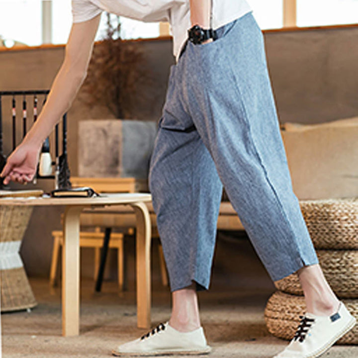 Pantalon décontracté en coton et lin avec cordon de serrage et poches pour homme, couleur unie, motif Buddha Stones - image 37