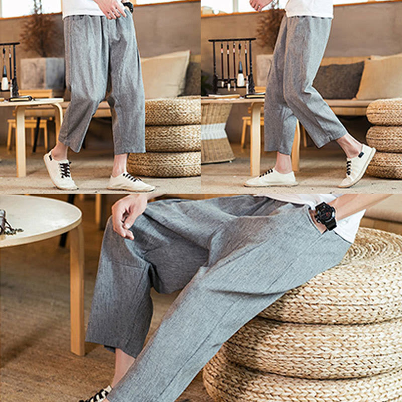 Pantalon décontracté en coton et lin avec cordon de serrage et poches pour homme, couleur unie, motif Buddha Stones - image 25