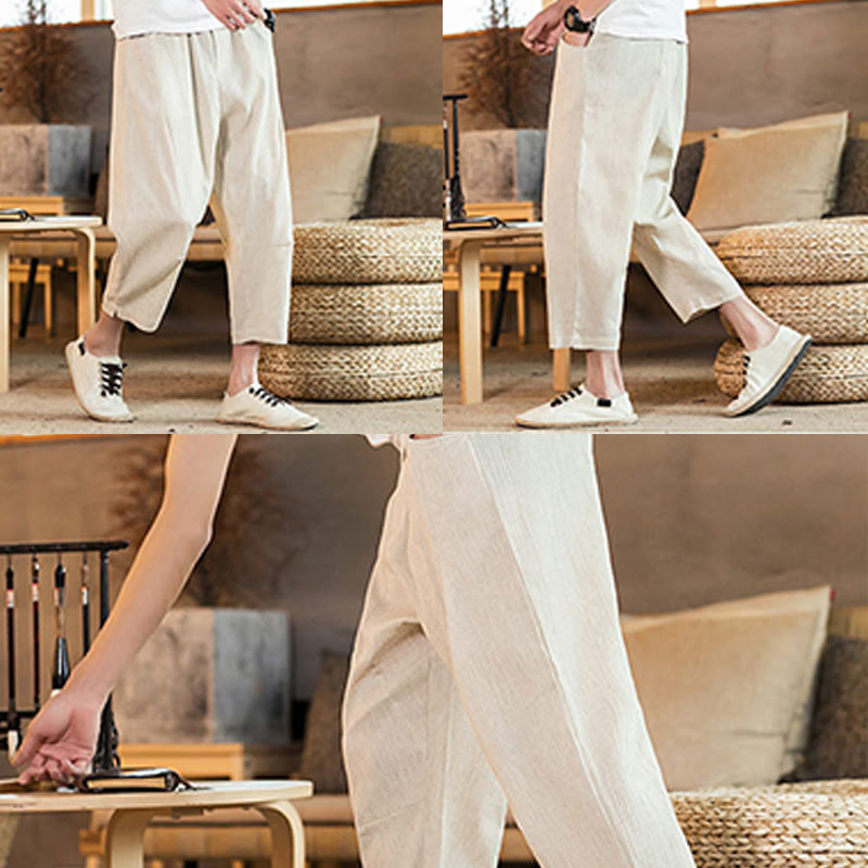 Pantalon décontracté en coton et lin avec cordon de serrage et poches pour homme, couleur unie, motif Buddha Stones - image 47