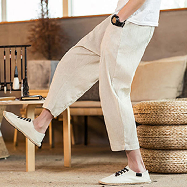 Pantalon décontracté en coton et lin avec cordon de serrage et poches pour homme, couleur unie, motif Buddha Stones - image 45