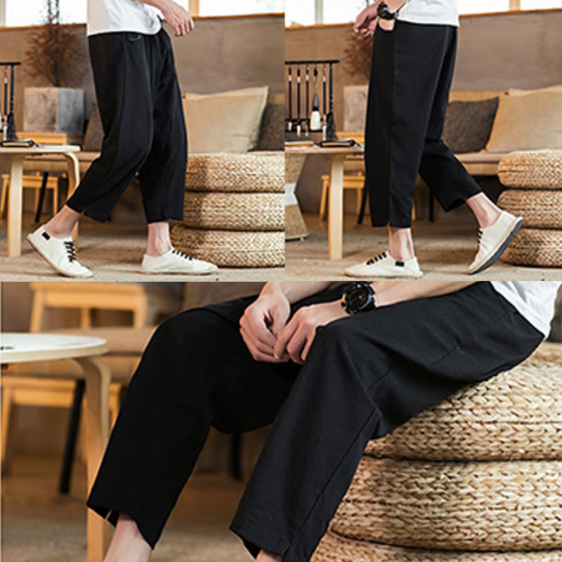 Pantalon décontracté en coton et lin avec cordon de serrage et poches pour homme, couleur unie, motif Buddha Stones - image 32