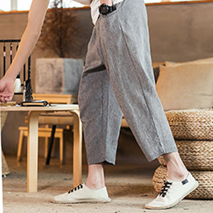 Pantalon décontracté en coton et lin avec cordon de serrage et poches pour homme, couleur unie, motif Buddha Stones - image 23