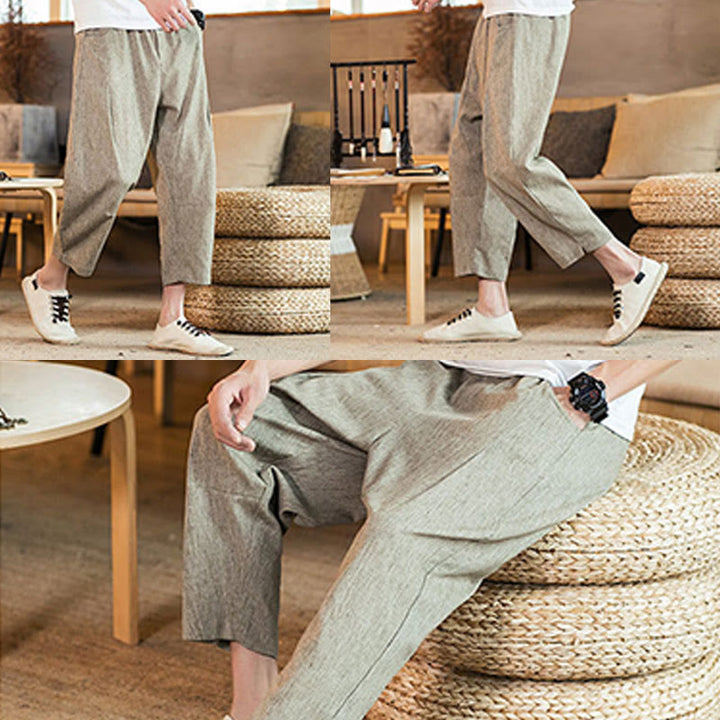 Pantalon décontracté en coton et lin avec cordon de serrage et poches pour homme, couleur unie, motif Buddha Stones - image 18