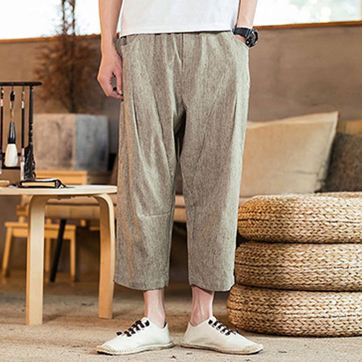 Pantalon décontracté en coton et lin avec cordon de serrage et poches pour homme, couleur unie, motif Buddha Stones - image 2