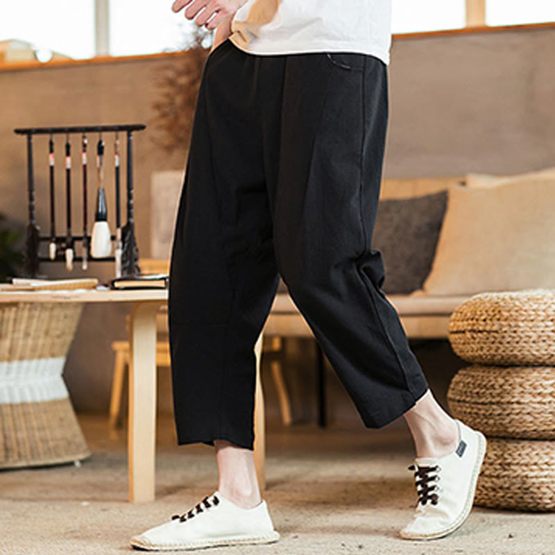 Pantalon décontracté en coton et lin avec cordon de serrage et poches pour homme, couleur unie, motif Buddha Stones - image 28