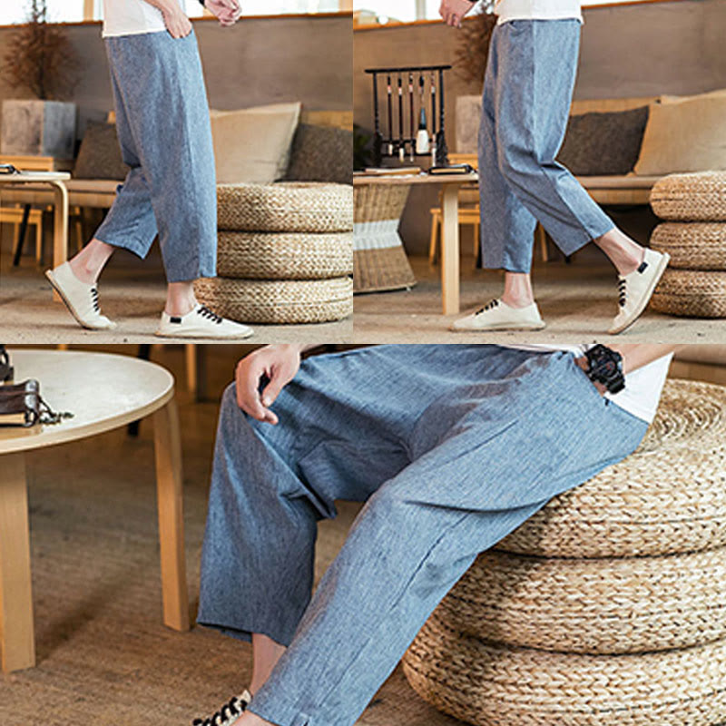 Pantalon décontracté en coton et lin avec cordon de serrage et poches pour homme, couleur unie, motif Buddha Stones - image 39