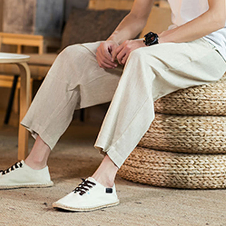 Pantalon décontracté en coton et lin avec cordon de serrage et poches pour homme, couleur unie, motif Buddha Stones - image 46