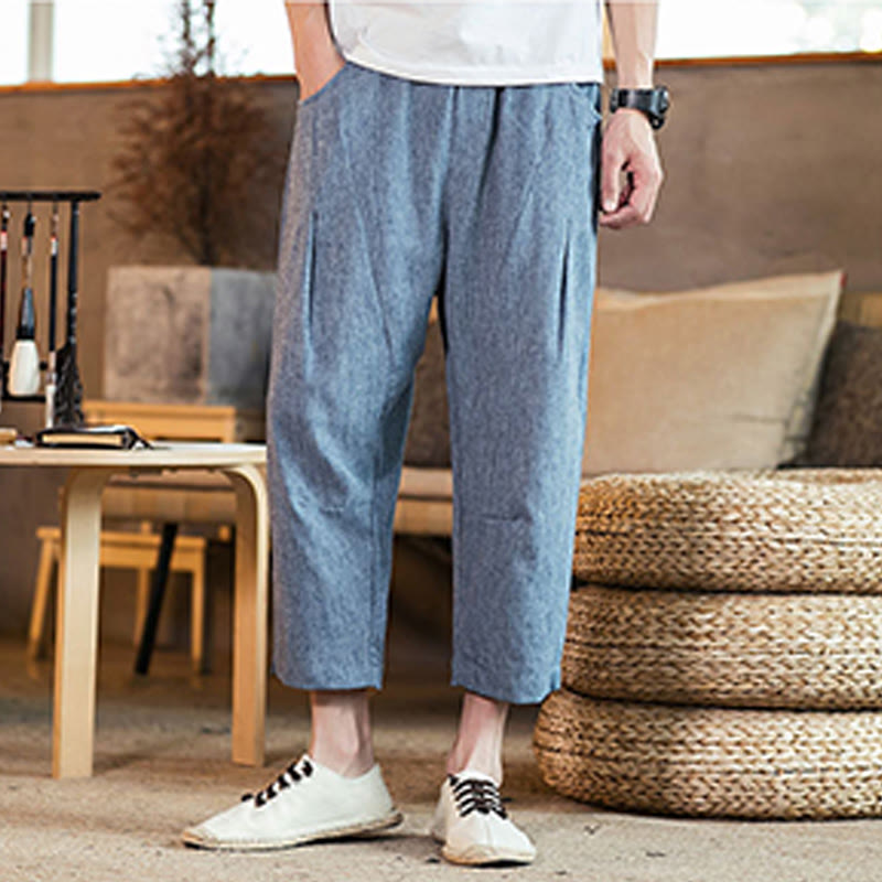 Pantalon décontracté en coton et lin avec cordon de serrage et poches pour homme, couleur unie, motif Buddha Stones - image 36