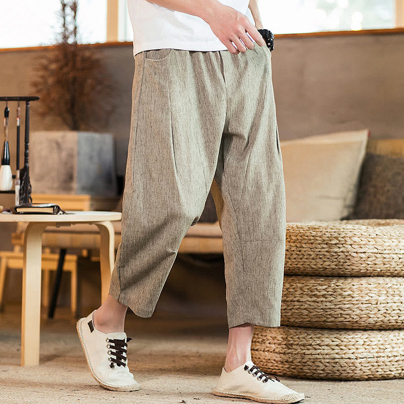 Pantalon décontracté en coton et lin avec cordon de serrage et poches pour homme, couleur unie, motif Buddha Stones - Kaki foncé - US/UK/AU46，EU56 (5XL) - image 0