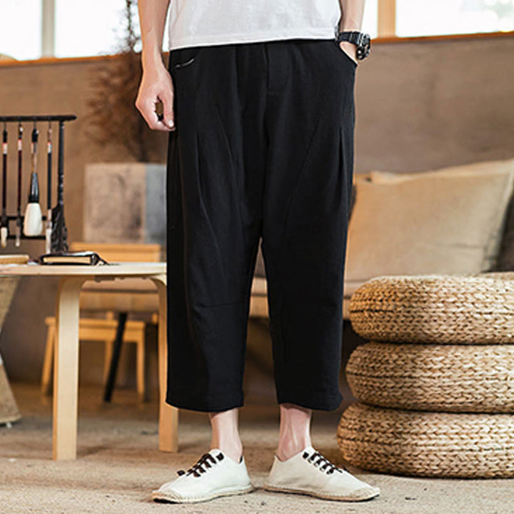 Pantalon décontracté en coton et lin avec cordon de serrage et poches pour homme, couleur unie, motif Buddha Stones - image 27