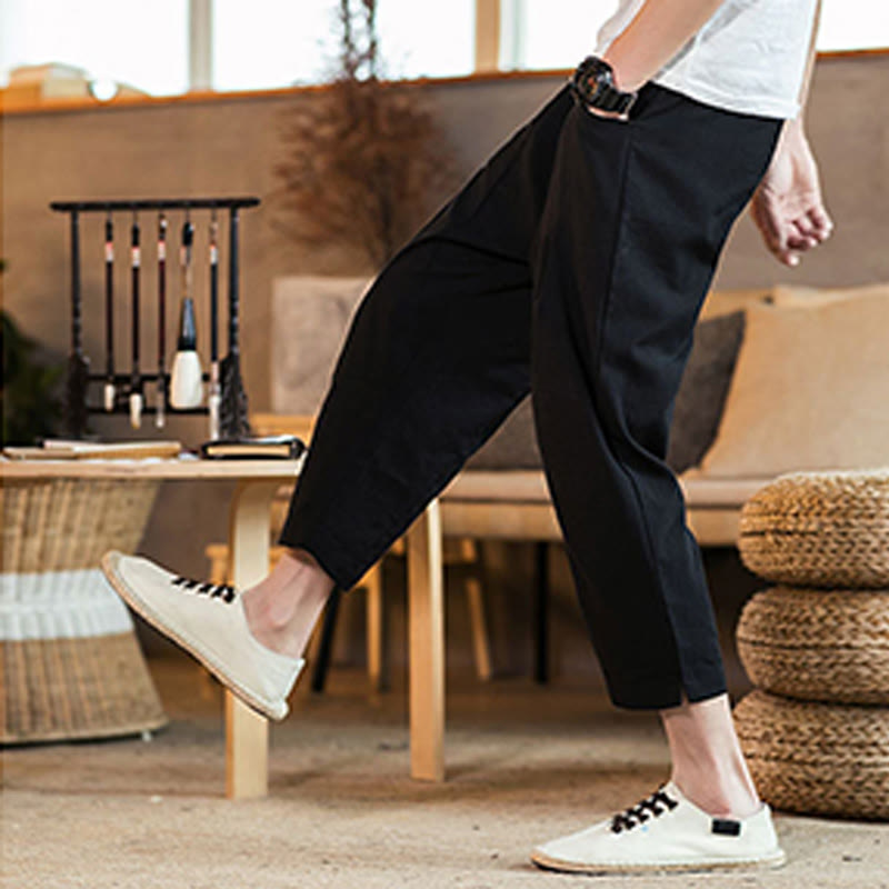 Pantalon décontracté en coton et lin avec cordon de serrage et poches pour homme, couleur unie, motif Buddha Stones - image 31