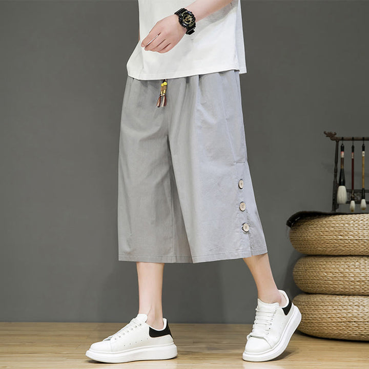 Pantalon court décontracté en coton uni avec cordon de serrage et poches pour homme Motif Buddha Stones