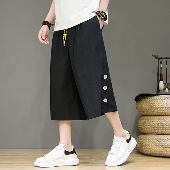 Pantalon court décontracté en coton uni avec cordon de serrage et poches pour homme Motif Buddha Stones