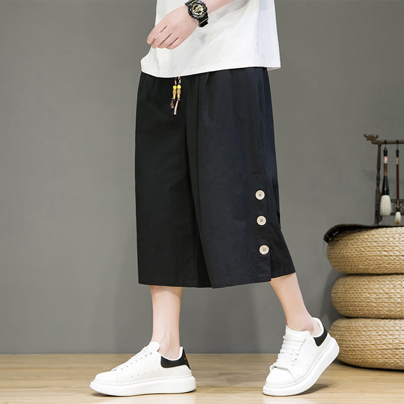Pantalon court décontracté en coton uni avec cordon de serrage et poches pour homme Motif Buddha Stones