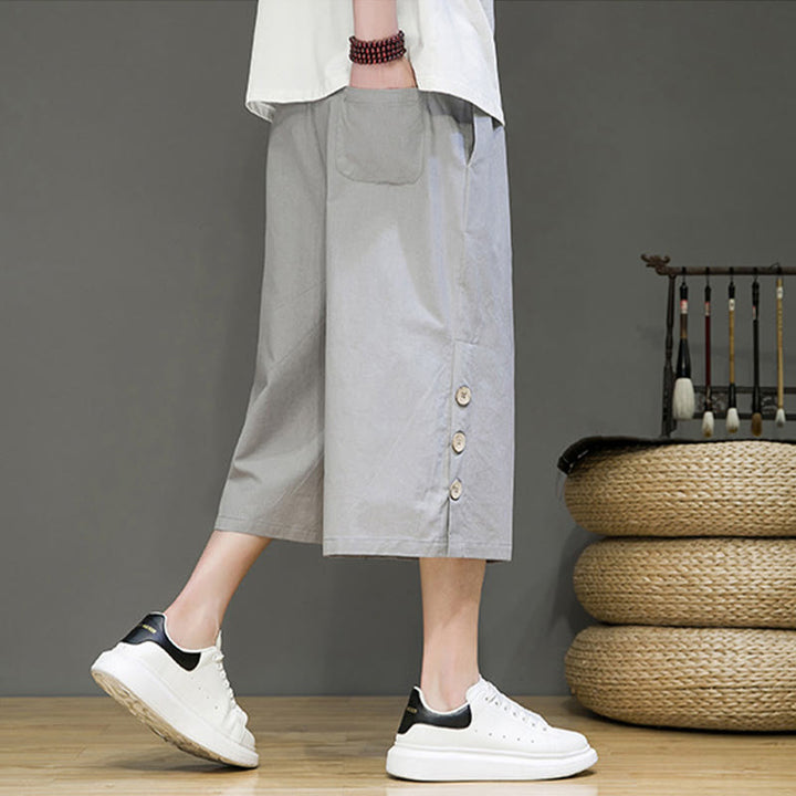 Pantalon court décontracté en coton uni avec cordon de serrage et poches pour homme Motif Buddha Stones