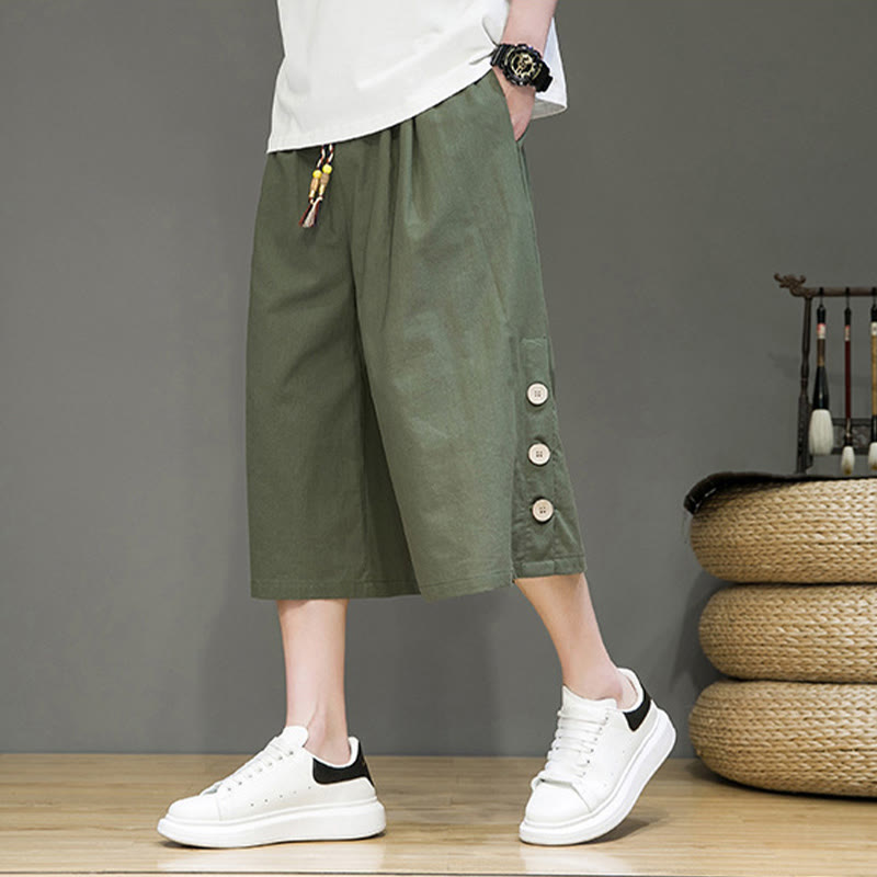 Pantalon court décontracté en coton uni avec cordon de serrage et poches pour homme Motif Buddha Stones