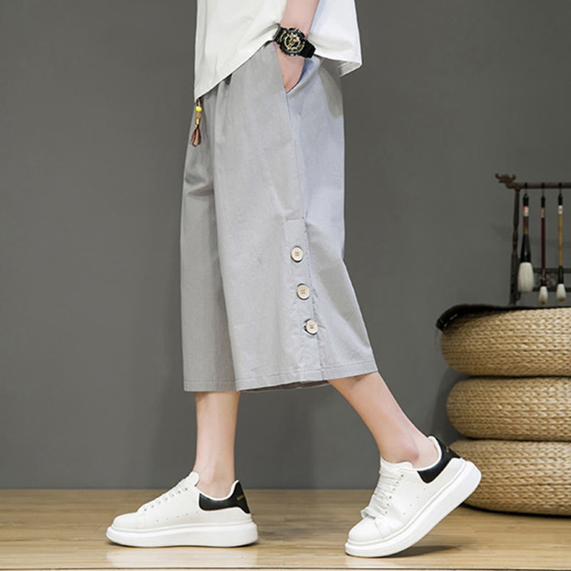 Pantalon court décontracté en coton uni avec cordon de serrage et poches pour homme Motif Buddha Stones