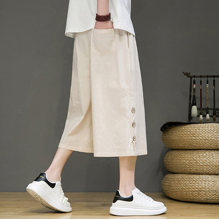 Pantalon court décontracté en coton uni avec cordon de serrage et poches pour homme Motif Buddha Stones