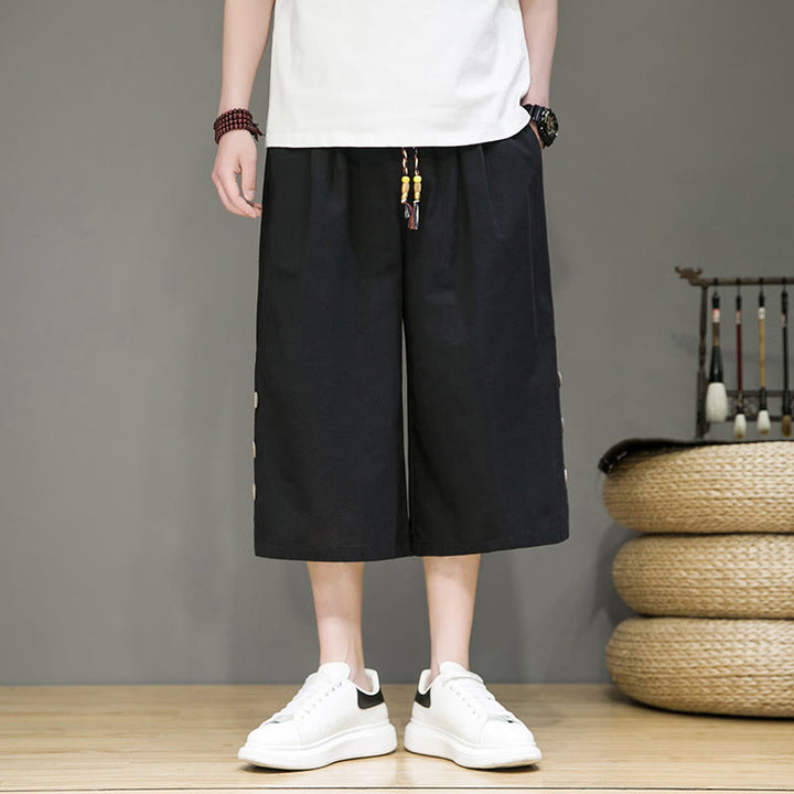 Pantalon court décontracté en coton uni avec cordon de serrage et poches pour homme Motif Buddha Stones