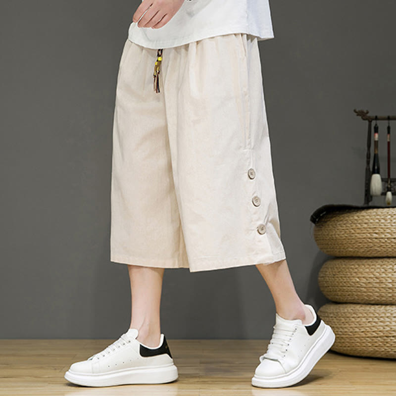Pantalon court décontracté en coton uni avec cordon de serrage et poches pour homme Motif Buddha Stones