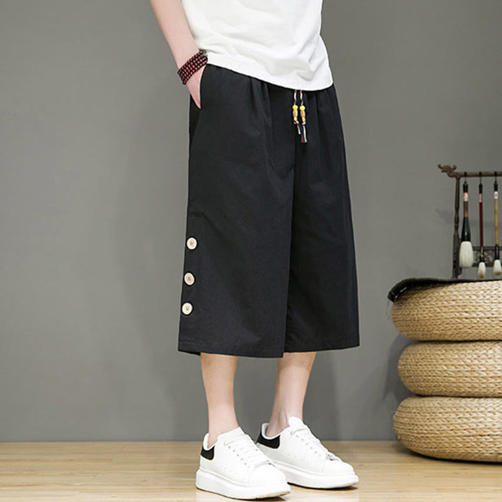 Pantalon court décontracté en coton uni avec cordon de serrage et poches pour homme Motif Buddha Stones