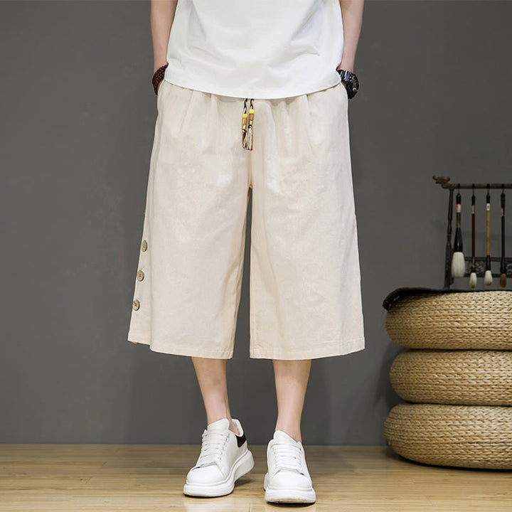 Pantalon court décontracté en coton uni avec cordon de serrage et poches pour homme Motif Buddha Stones