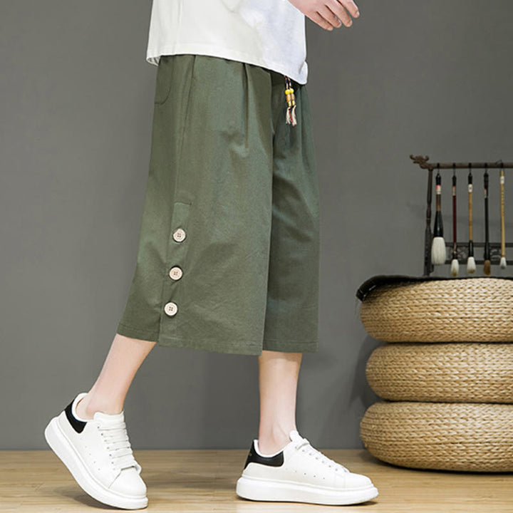 Pantalon court décontracté en coton uni avec cordon de serrage et poches pour homme Motif Buddha Stones