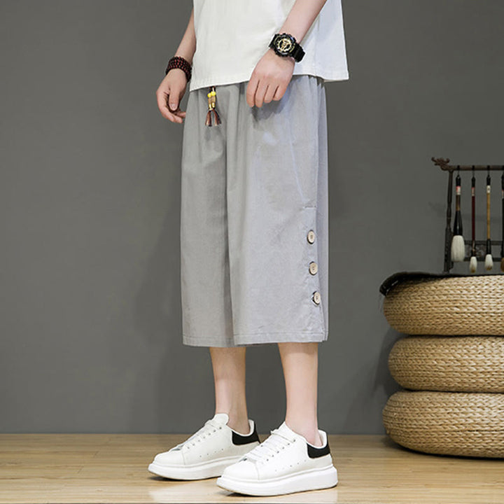 Pantalon court décontracté en coton uni avec cordon de serrage et poches pour homme Motif Buddha Stones