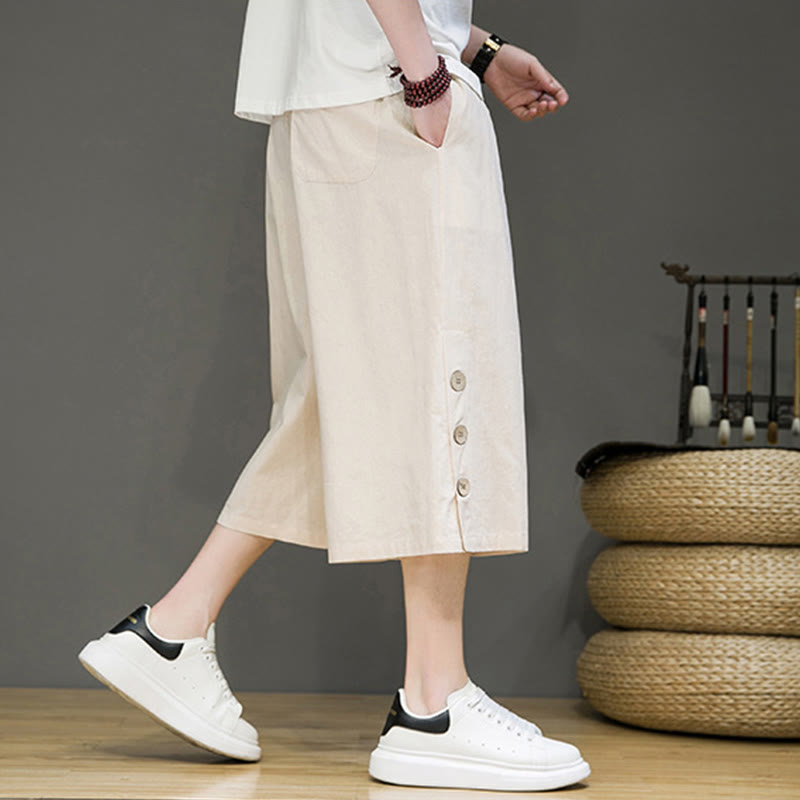 Pantalon court décontracté en coton uni avec cordon de serrage et poches pour homme Motif Buddha Stones