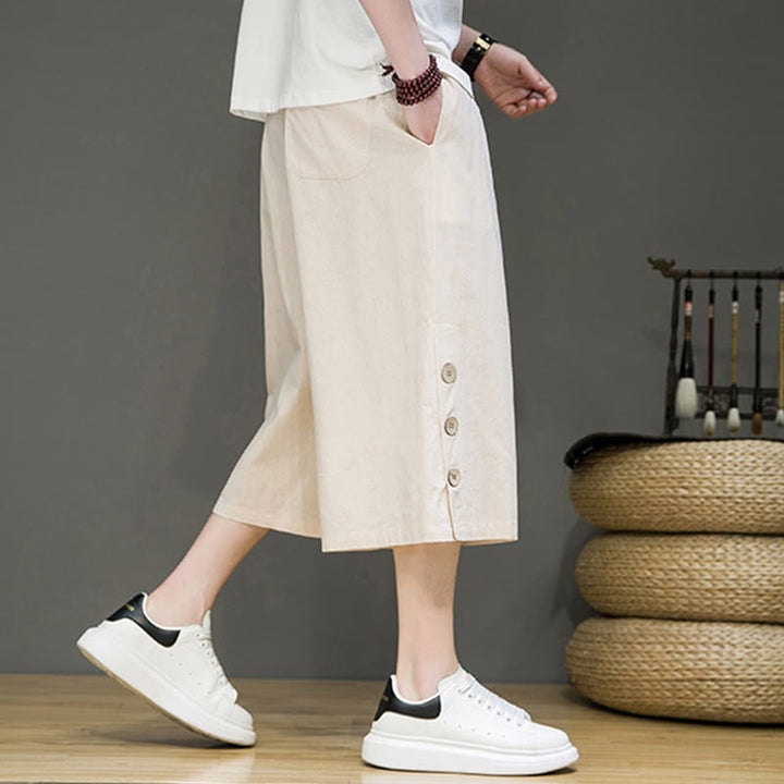 Pantalon court décontracté en coton uni avec cordon de serrage et poches pour homme Motif Buddha Stones