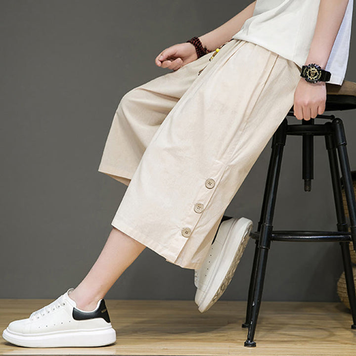 Pantalon court décontracté en coton uni avec cordon de serrage et poches pour homme Motif Buddha Stones