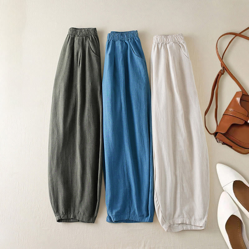 Pantalon pour femme en coton et lin uni avec poches Buddha Stones