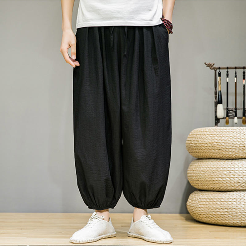 Pantalon Buddha Stones d'été en coton uni avec cordon de serrage et poches pour homme, longueur cheville - image 24