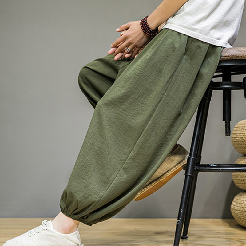 Pantalon Buddha Stones d'été en coton uni avec cordon de serrage et poches pour homme, longueur cheville - image 37