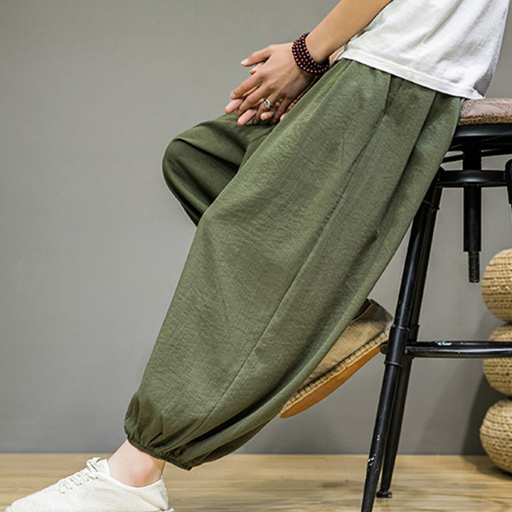 Pantalon Buddha Stones d'été en coton uni avec cordon de serrage et poches pour homme, longueur cheville - image 37