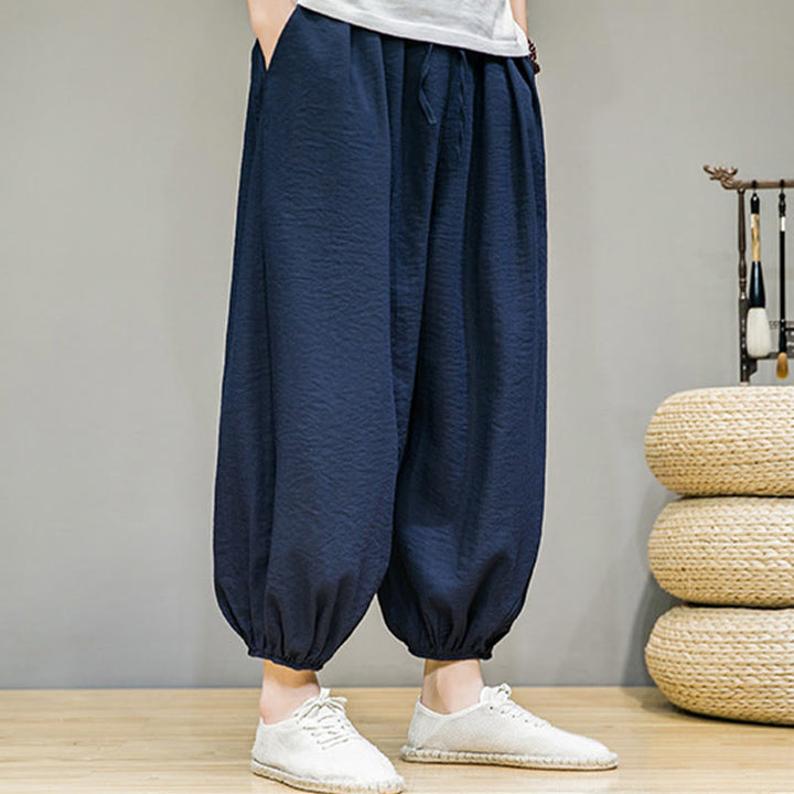 Pantalon Buddha Stones d'été en coton uni avec cordon de serrage et poches pour homme, longueur cheville - image 8