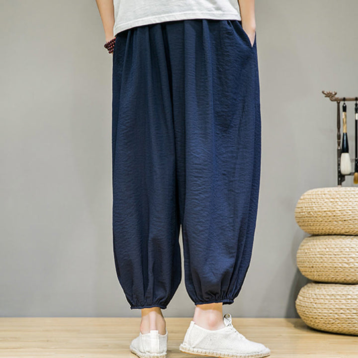 Pantalon Buddha Stones d'été en coton uni avec cordon de serrage et poches pour homme, longueur cheville - image 2