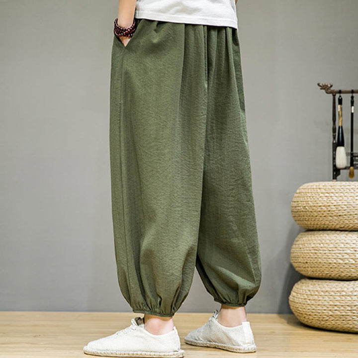 Pantalon Buddha Stones d'été en coton uni avec cordon de serrage et poches pour homme, longueur cheville - image 33
