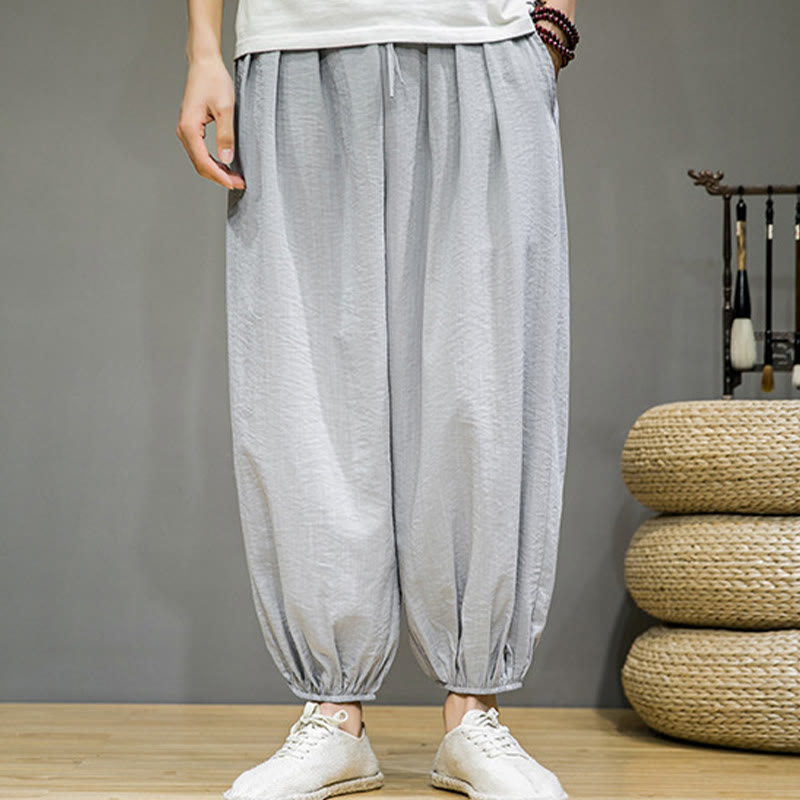 Pantalon Buddha Stones d'été en coton uni avec cordon de serrage et poches pour homme, longueur cheville - image 11